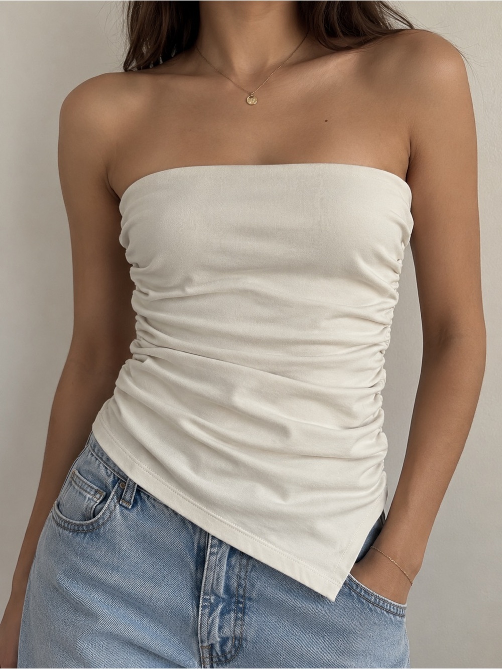 Zara Strapless Ruched Asymmetric Camisole - Off-White